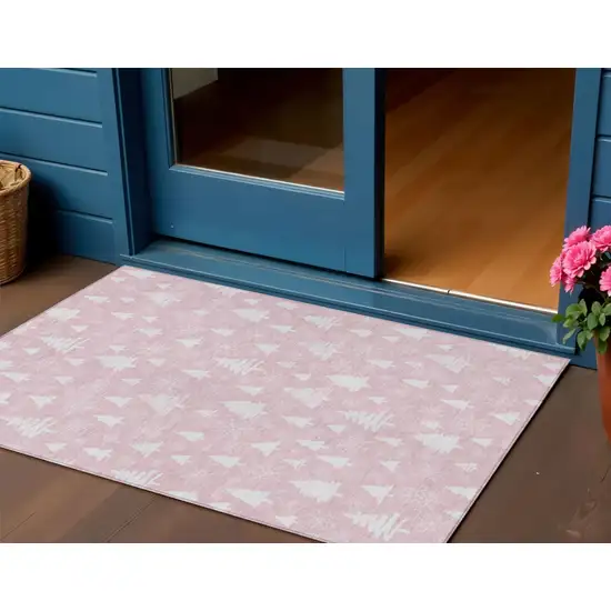 Pink And Ivory Botanical Leaves Washable Indoor Outdoor Area Rug Photo 2
