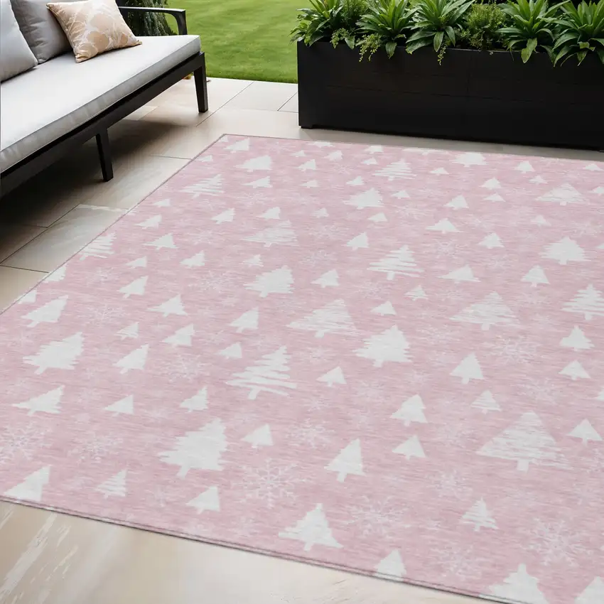 Pink And Ivory Botanical Leaves Washable Indoor Outdoor Area Rug Photo 2