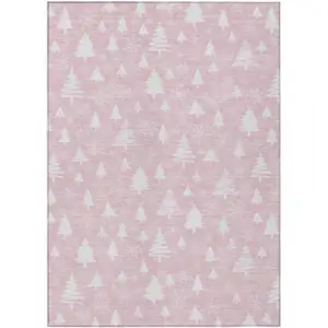 Photo of Pink And Ivory Botanical Leaves Washable Indoor Outdoor Area Rug