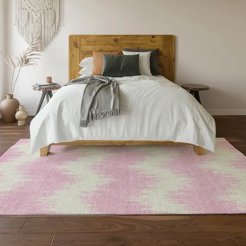 Pink And Ivory Chevron Washable Area Rug With UV Protection Photo 6