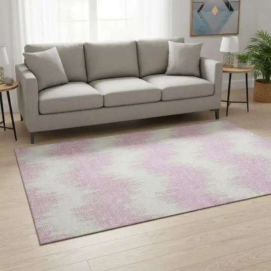Pink And Ivory Chevron Washable Area Rug With UV Protection Photo 2