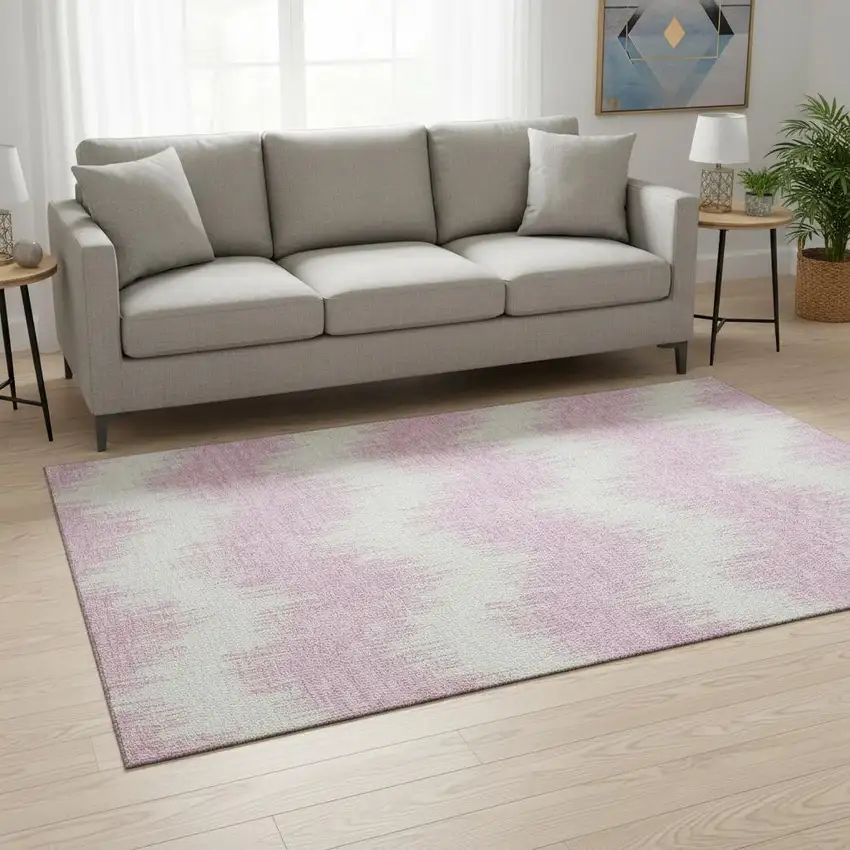 Pink And Ivory Chevron Washable Area Rug With UV Protection Photo 2