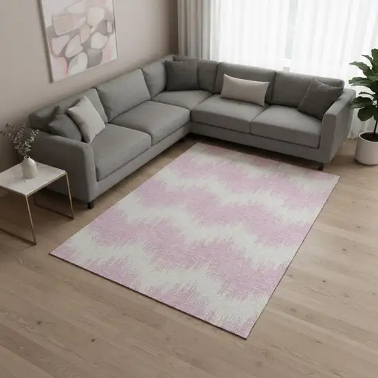 Pink And Ivory Chevron Washable Area Rug With UV Protection Photo 2