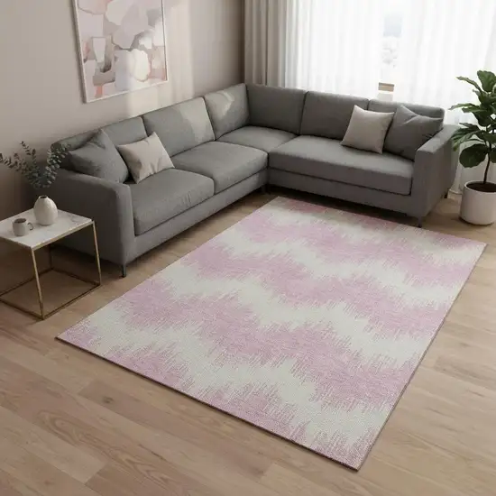 Pink And Ivory Chevron Washable Area Rug With UV Protection Photo 2