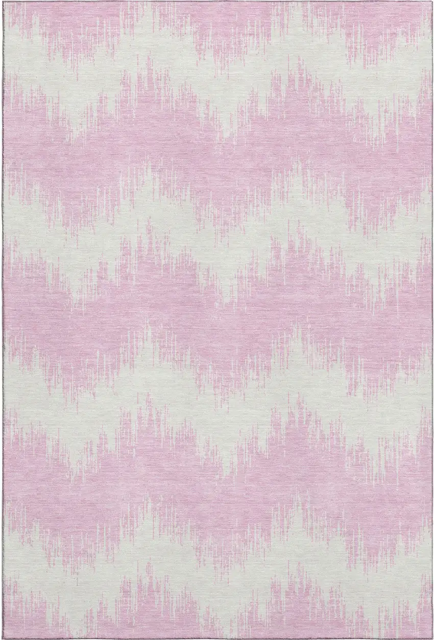 Pink And Ivory Chevron Washable Area Rug With UV Protection Photo 1