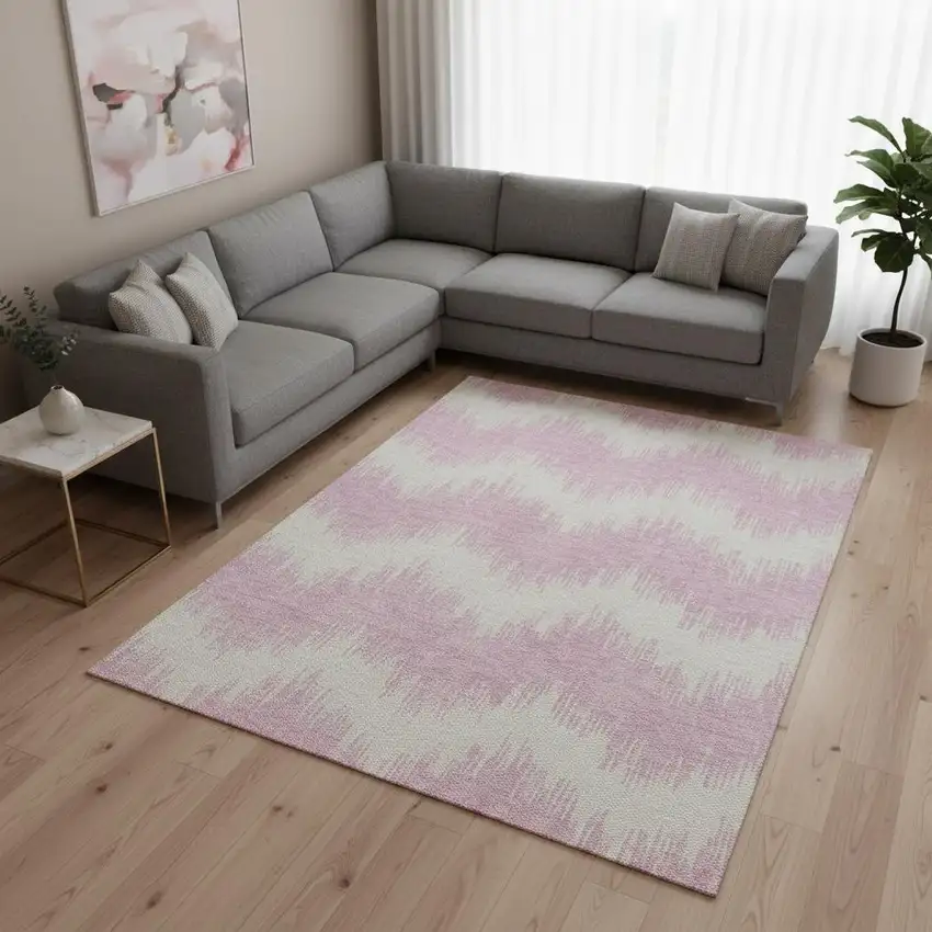Pink And Ivory Chevron Washable Area Rug With UV Protection Photo 2