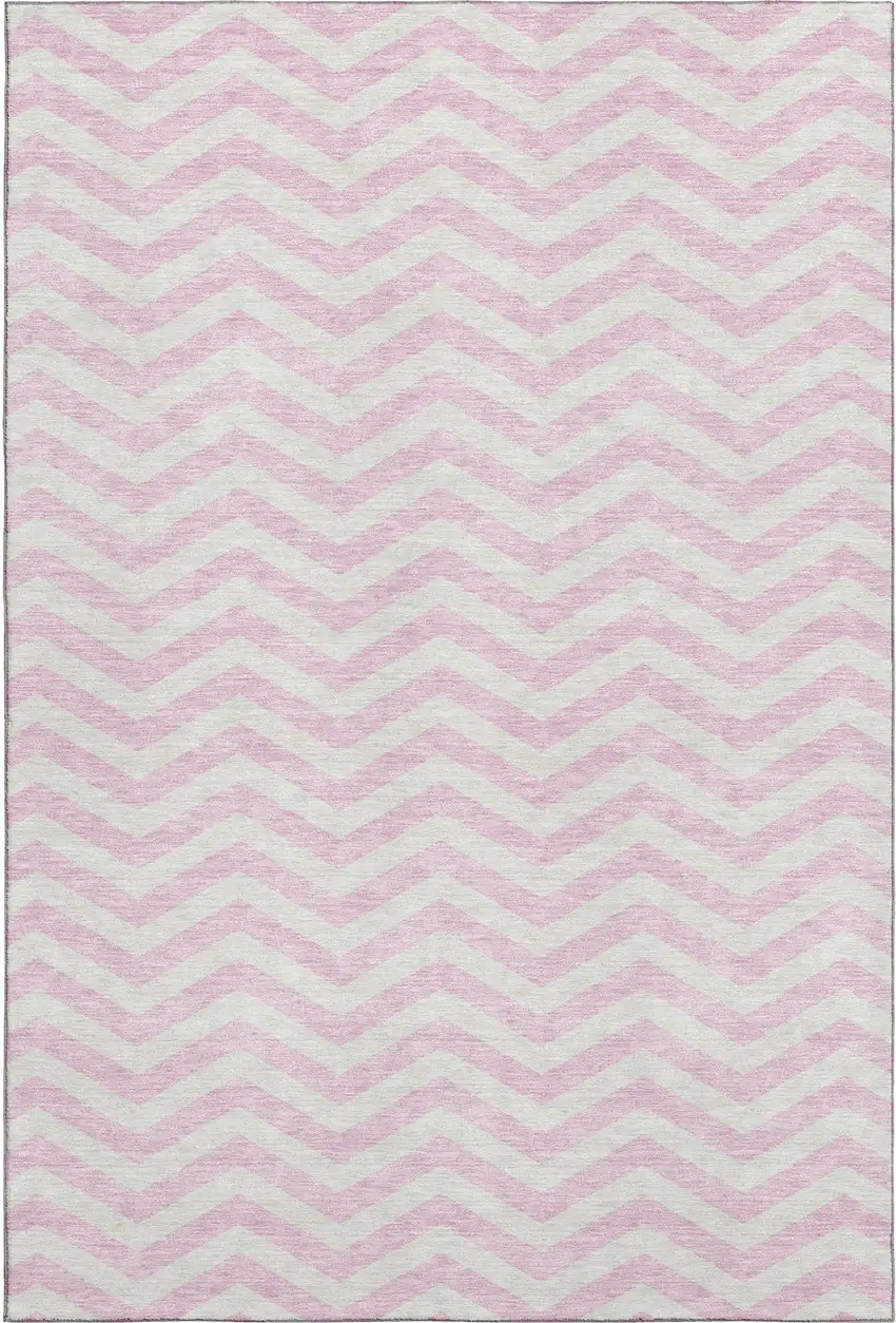 Pink And Ivory Chevron Washable Area Rug With UV Protection Photo 1