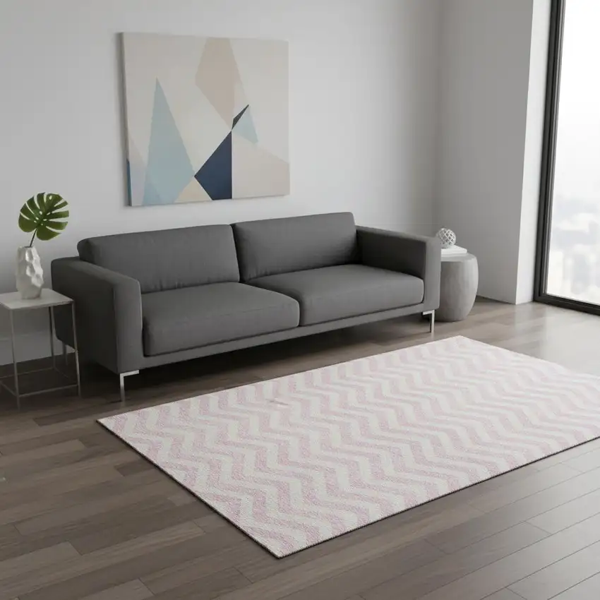 Pink And Ivory Chevron Washable Area Rug With UV Protection Photo 2