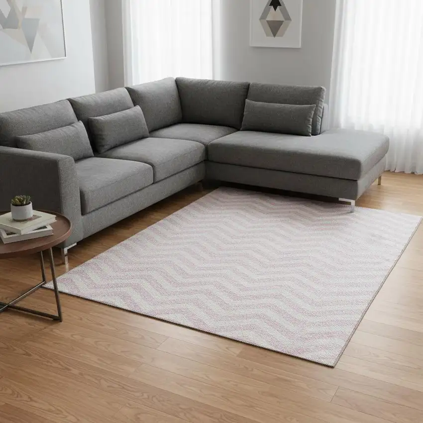 Pink And Ivory Chevron Washable Area Rug With UV Protection Photo 2