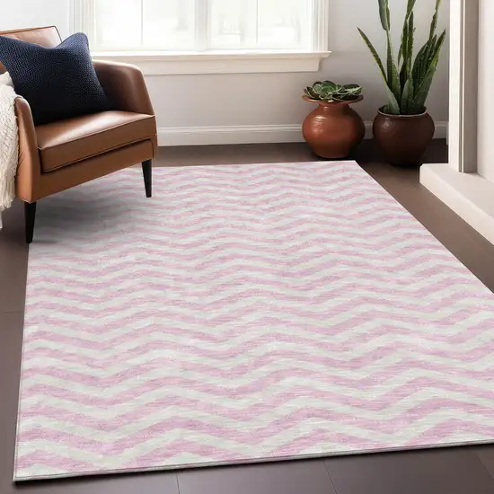 Pink And Ivory Chevron Washable Area Rug With UV Protection Photo 4