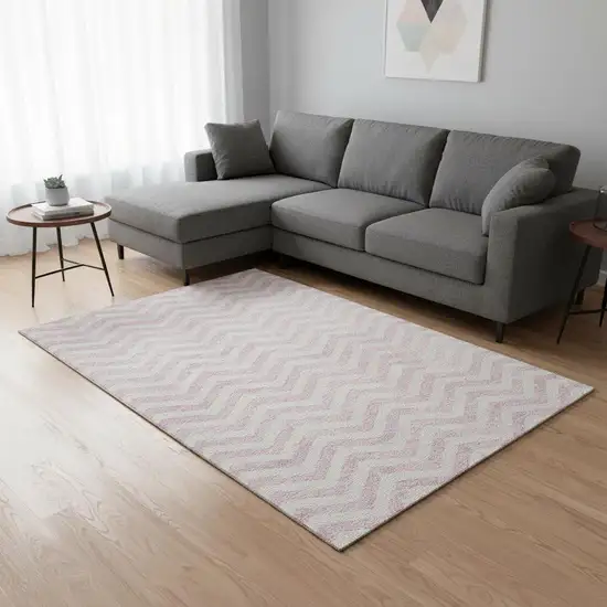 Pink And Ivory Chevron Washable Area Rug With UV Protection Photo 2