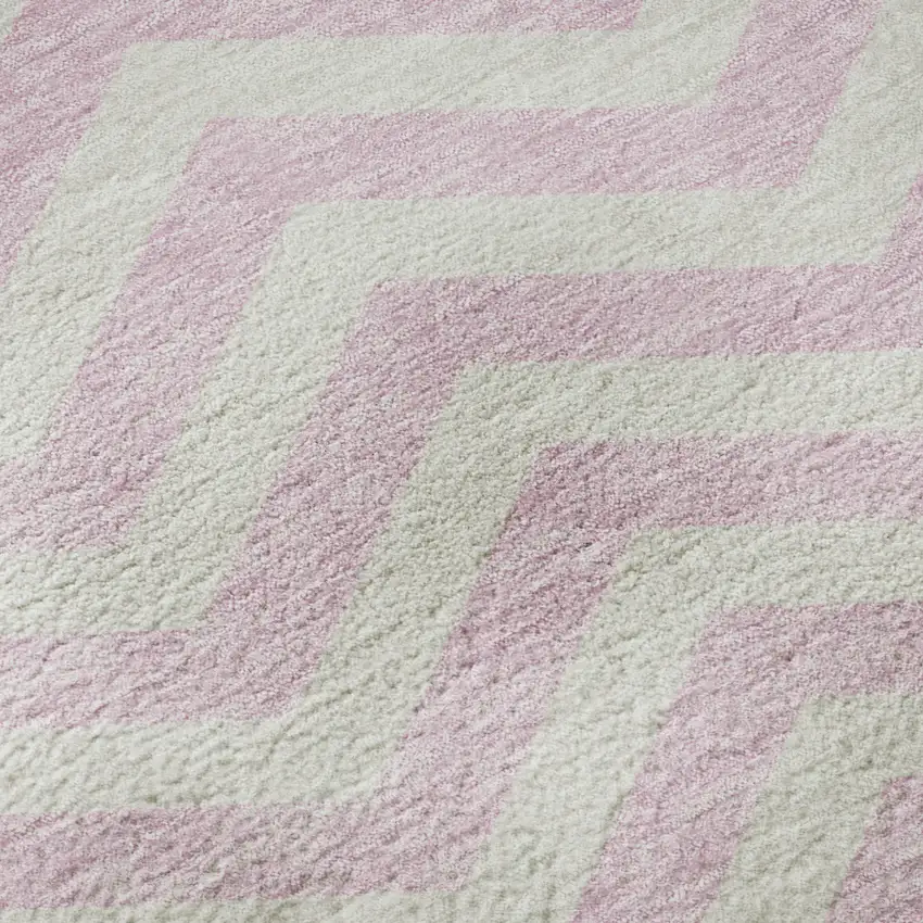Pink And Ivory Chevron Washable Area Rug With UV Protection Photo 9