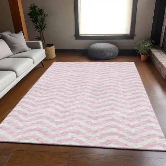 Pink And Ivory Chevron Washable Area Rug With UV Protection Photo 5