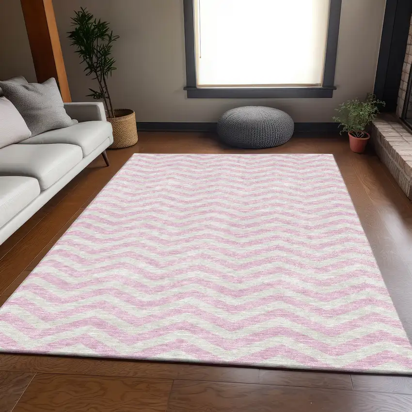 Pink And Ivory Chevron Washable Area Rug With UV Protection Photo 5