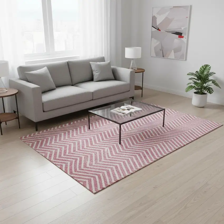 Pink And Ivory Chevron Washable Area Rug With UV Protection Photo 2