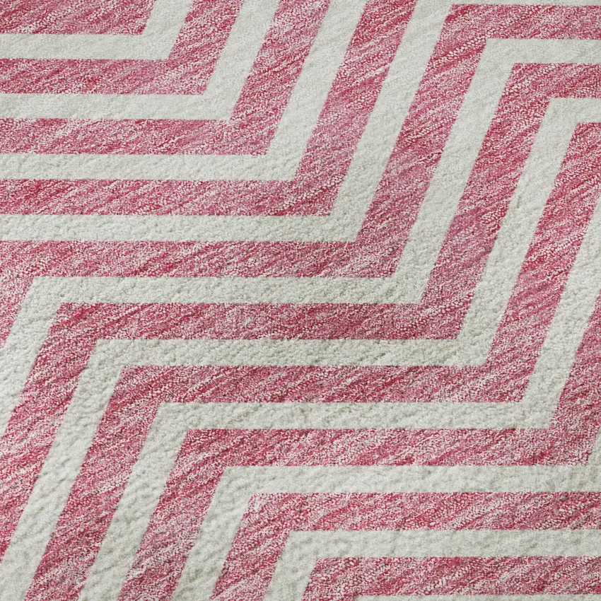 Pink And Ivory Chevron Washable Area Rug With UV Protection Photo 9