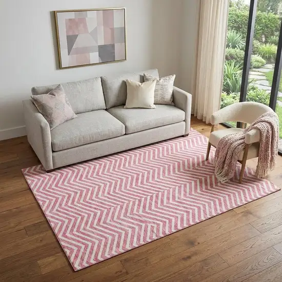 Pink And Ivory Chevron Washable Area Rug With UV Protection Photo 1