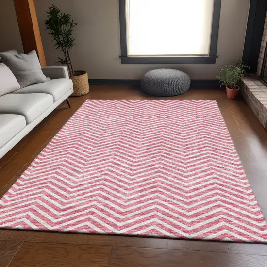 Pink And Ivory Chevron Washable Area Rug With UV Protection Photo 5