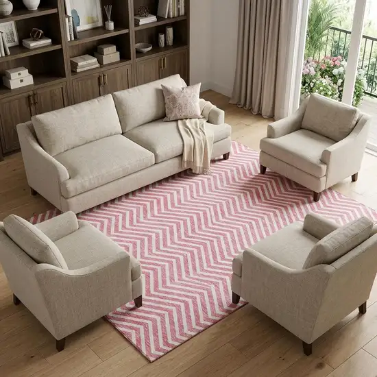 Pink And Ivory Chevron Washable Area Rug With UV Protection Photo 1