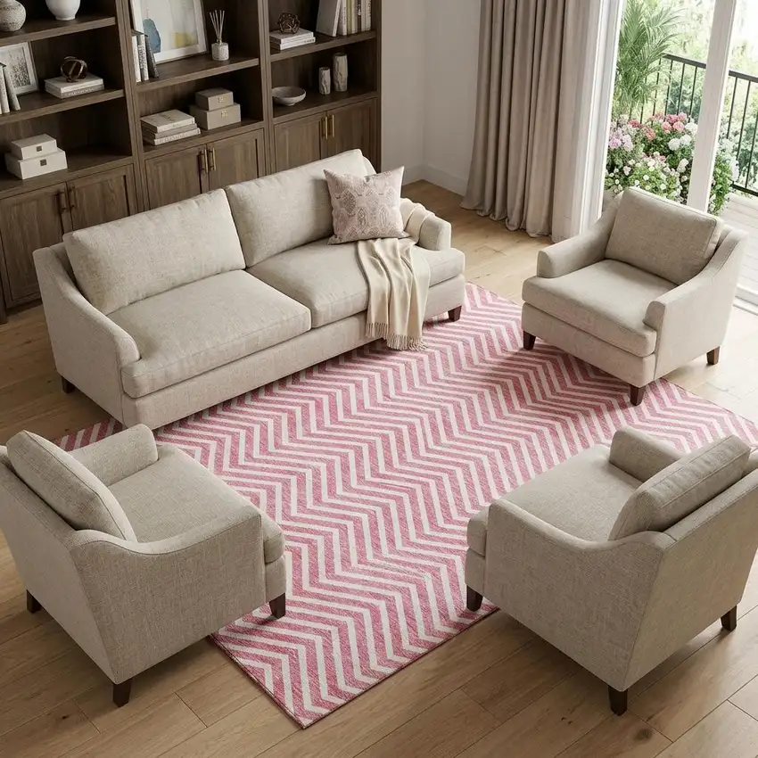 Pink And Ivory Chevron Washable Area Rug With UV Protection Photo 1
