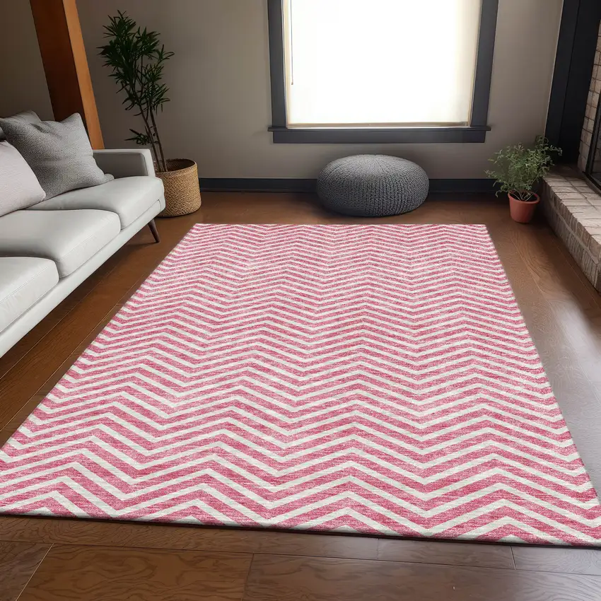 Pink And Ivory Chevron Washable Area Rug With UV Protection Photo 5