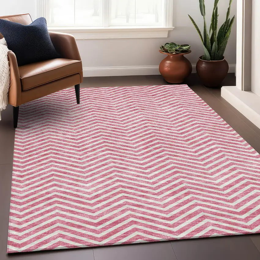 Pink And Ivory Chevron Washable Area Rug With UV Protection Photo 4