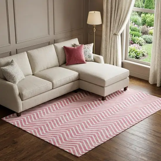 Pink And Ivory Chevron Washable Area Rug With UV Protection Photo 1