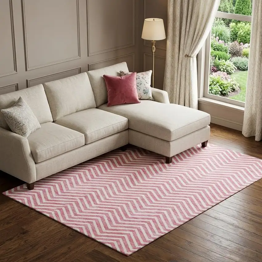 Pink And Ivory Chevron Washable Area Rug With UV Protection Photo 1