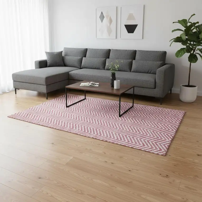 Pink And Ivory Chevron Washable Area Rug With UV Protection Photo 2
