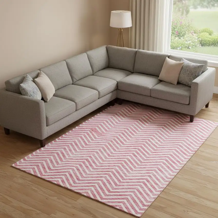 Pink And Ivory Chevron Washable Area Rug With UV Protection Photo 1