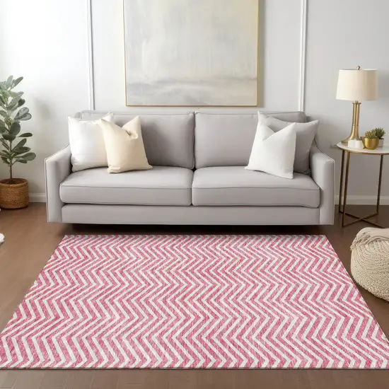Pink And Ivory Chevron Washable Indoor Outdoor Area Rug Photo 9
