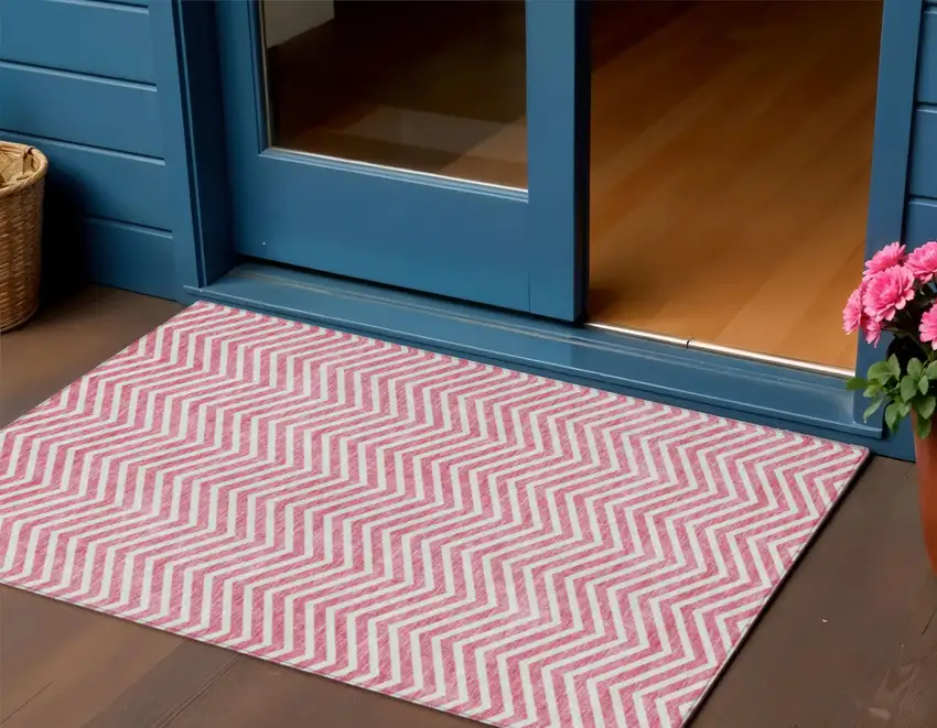 Pink And Ivory Chevron Washable Indoor Outdoor Area Rug Photo 1