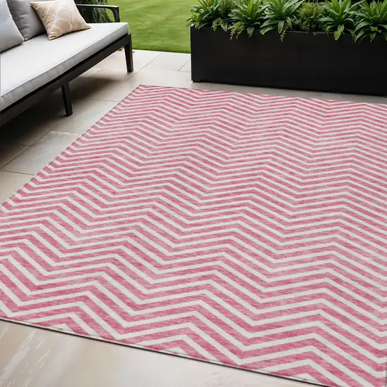 Pink And Ivory Chevron Washable Indoor Outdoor Area Rug Photo 1