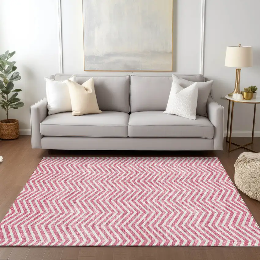 Pink And Ivory Chevron Washable Indoor Outdoor Area Rug Photo 9