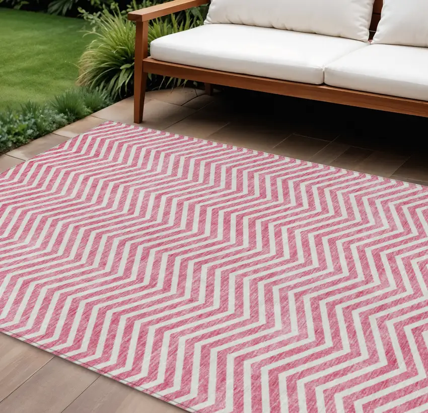 Pink And Ivory Chevron Washable Indoor Outdoor Area Rug Photo 1