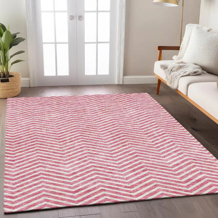 Pink And Ivory Chevron Washable Indoor Outdoor Area Rug Photo 9
