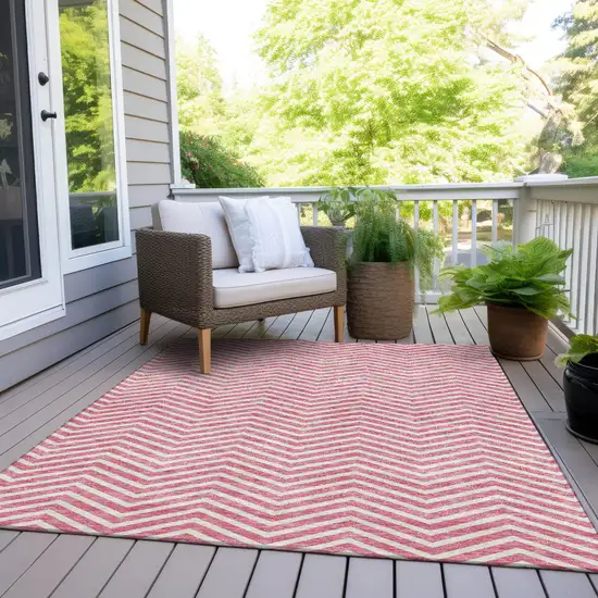 Pink And Ivory Chevron Washable Indoor Outdoor Area Rug Photo 8