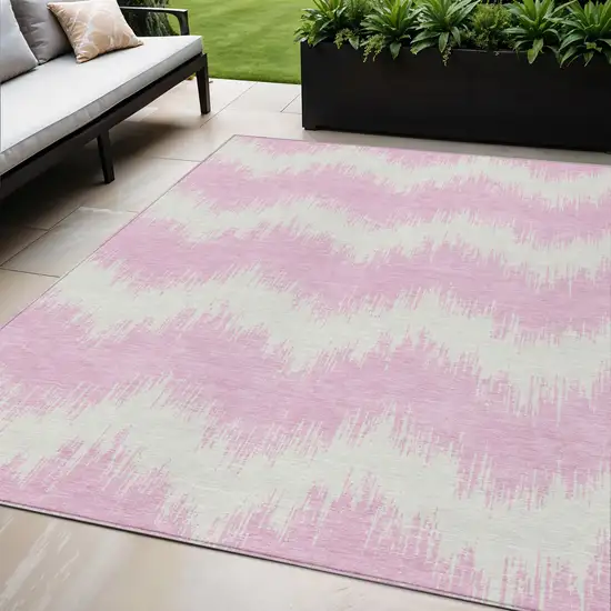 Pink And Ivory Chevron Washable Indoor Outdoor Area Rug Photo 1