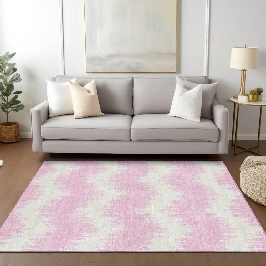 Pink And Ivory Chevron Washable Indoor Outdoor Area Rug Photo 8