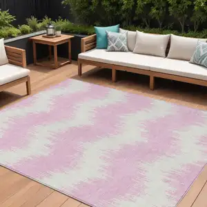 Photo of Pink And Ivory Chevron Washable Indoor Outdoor Area Rug