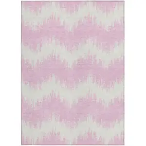 Photo of Pink And Ivory Chevron Washable Indoor Outdoor Area Rug