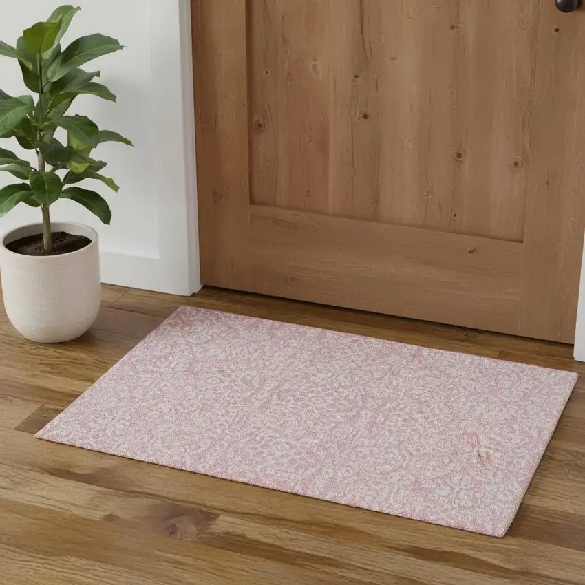 Pink And Ivory Damask Washable Area Rug With UV Protection Photo 1