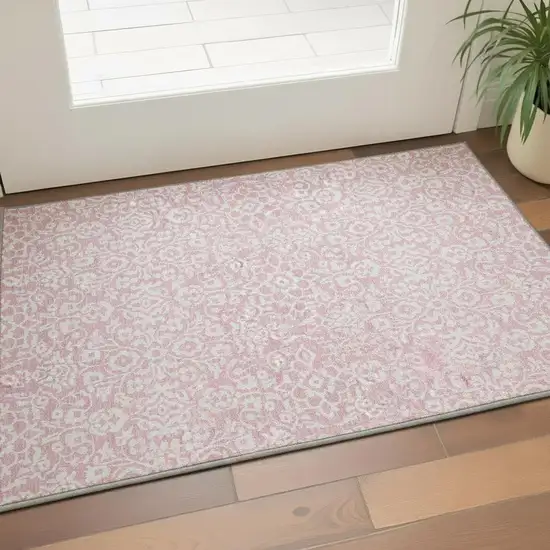 Pink And Ivory Damask Washable Area Rug With UV Protection Photo 2