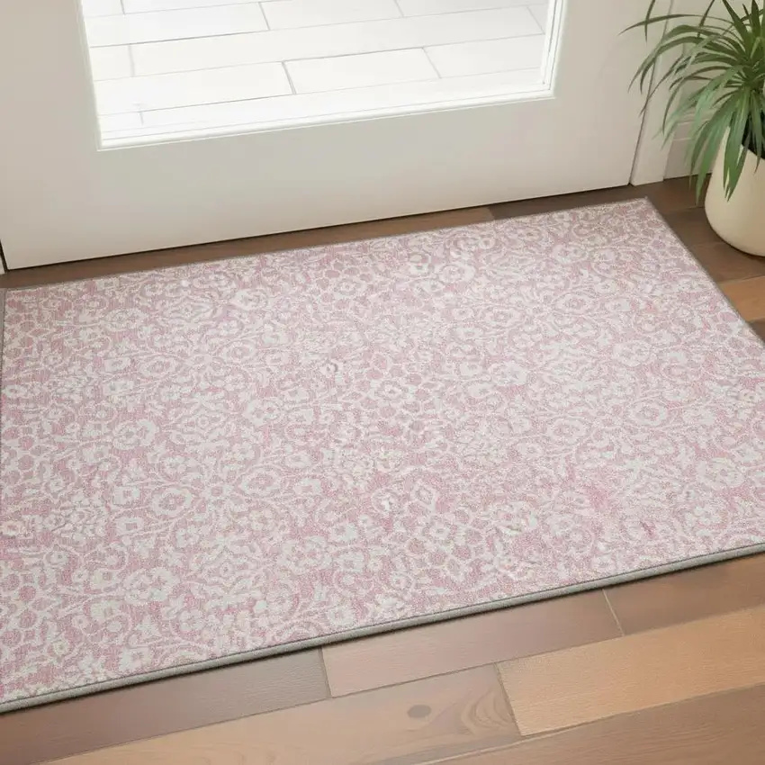 Pink And Ivory Damask Washable Area Rug With UV Protection Photo 2