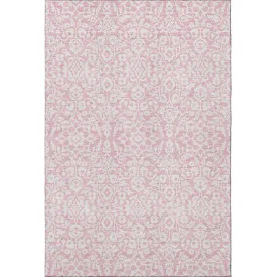 Pink And Ivory Damask Washable Area Rug With UV Protection Photo 4