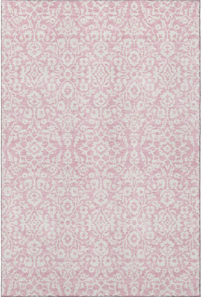 Pink And Ivory Damask Washable Area Rug With UV Protection Photo 4