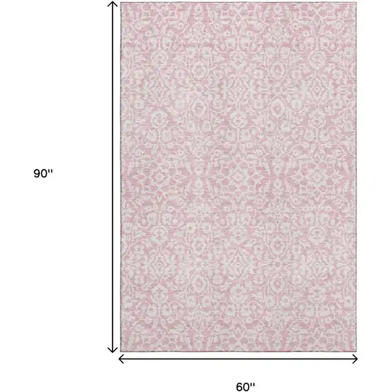 Pink And Ivory Damask Washable Area Rug With UV Protection Photo 3