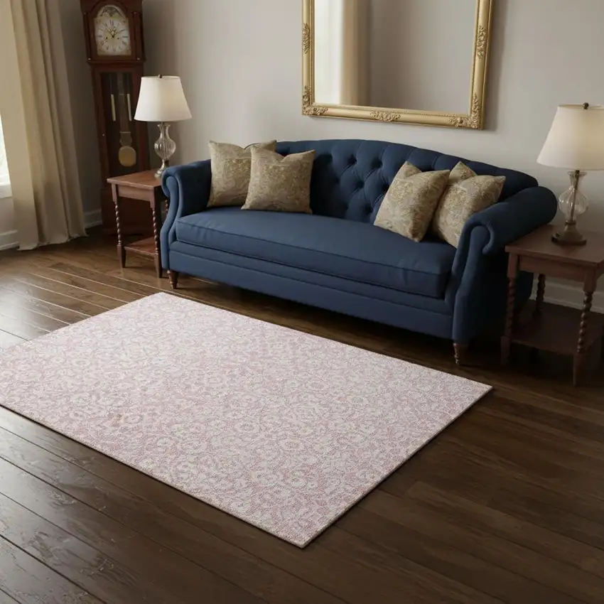Pink And Ivory Damask Washable Area Rug With UV Protection Photo 2