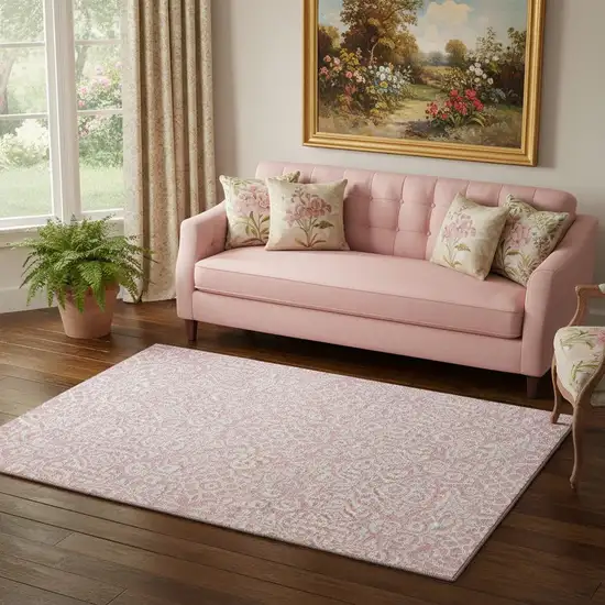Pink And Ivory Damask Washable Area Rug With UV Protection Photo 1