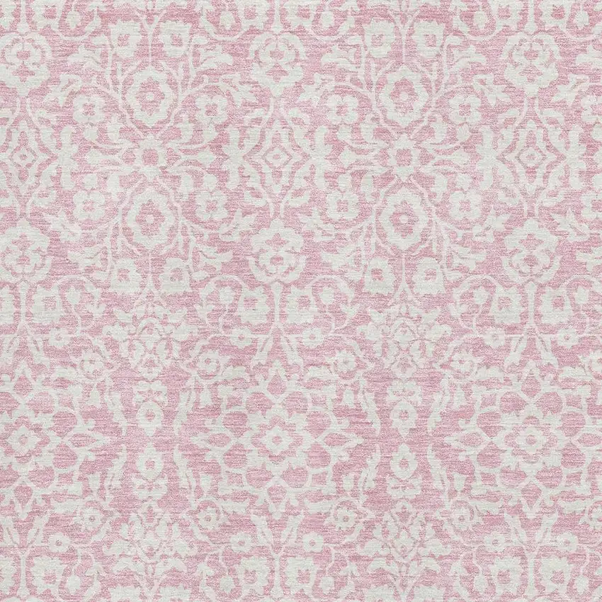 Pink And Ivory Damask Washable Area Rug With UV Protection Photo 3